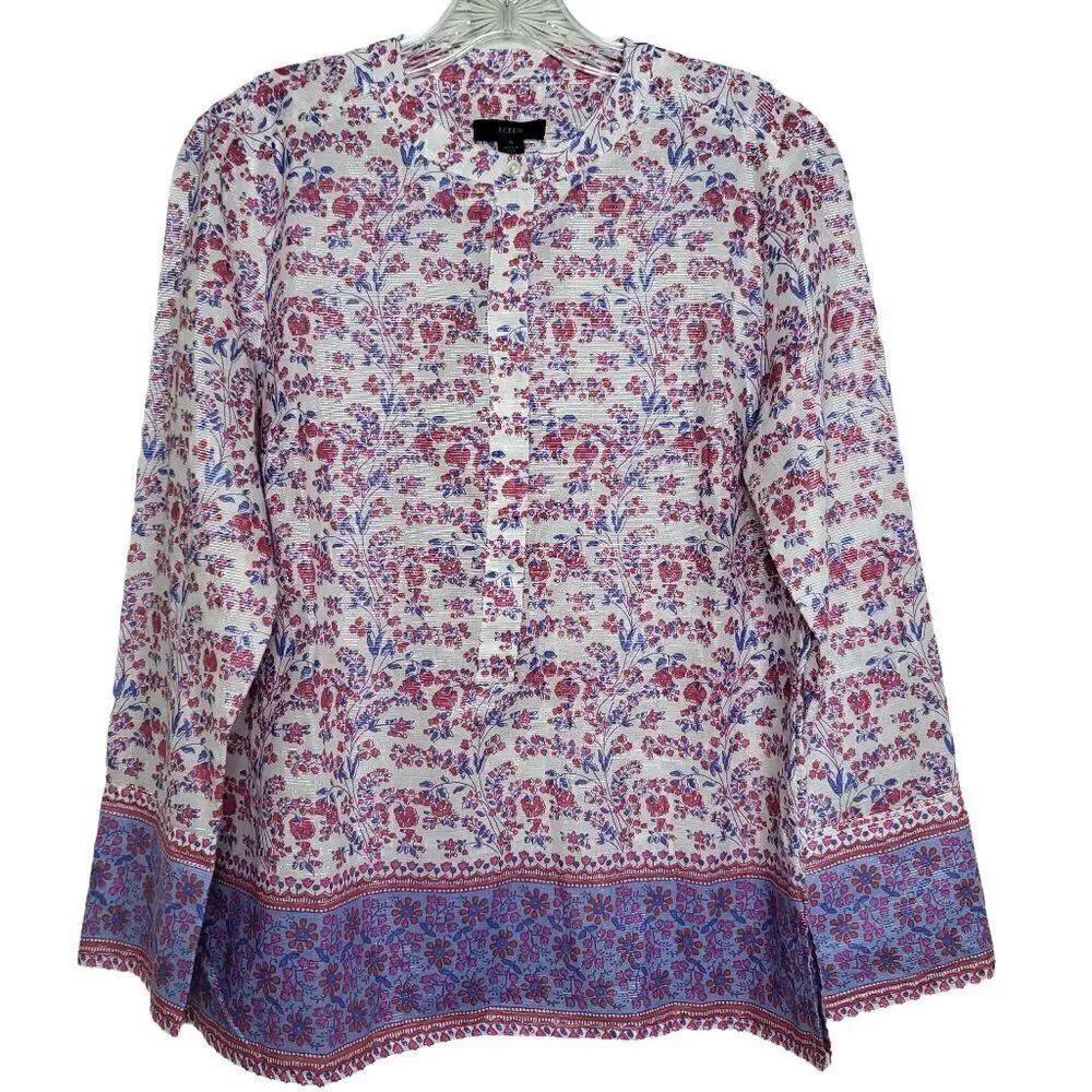 J.Crew Metallic Thread Iris Block Print Tunic Top Size Small